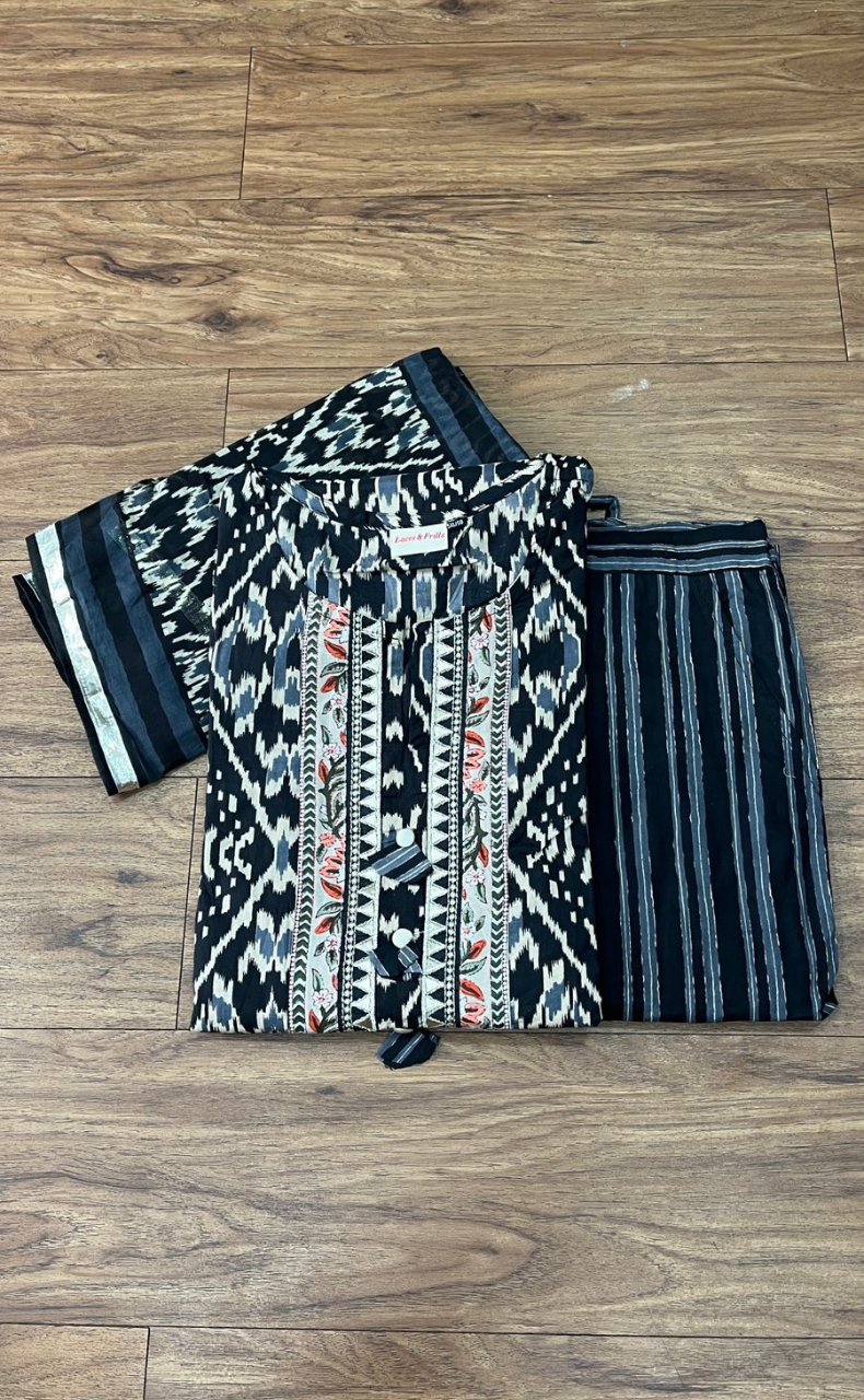 Black Ikkat Jaipur Cotton Kurti With Pant And Mul Mul Dupatta Set  .Pure Versatile Cotton. | Laces and Frills - Laces and Frills
