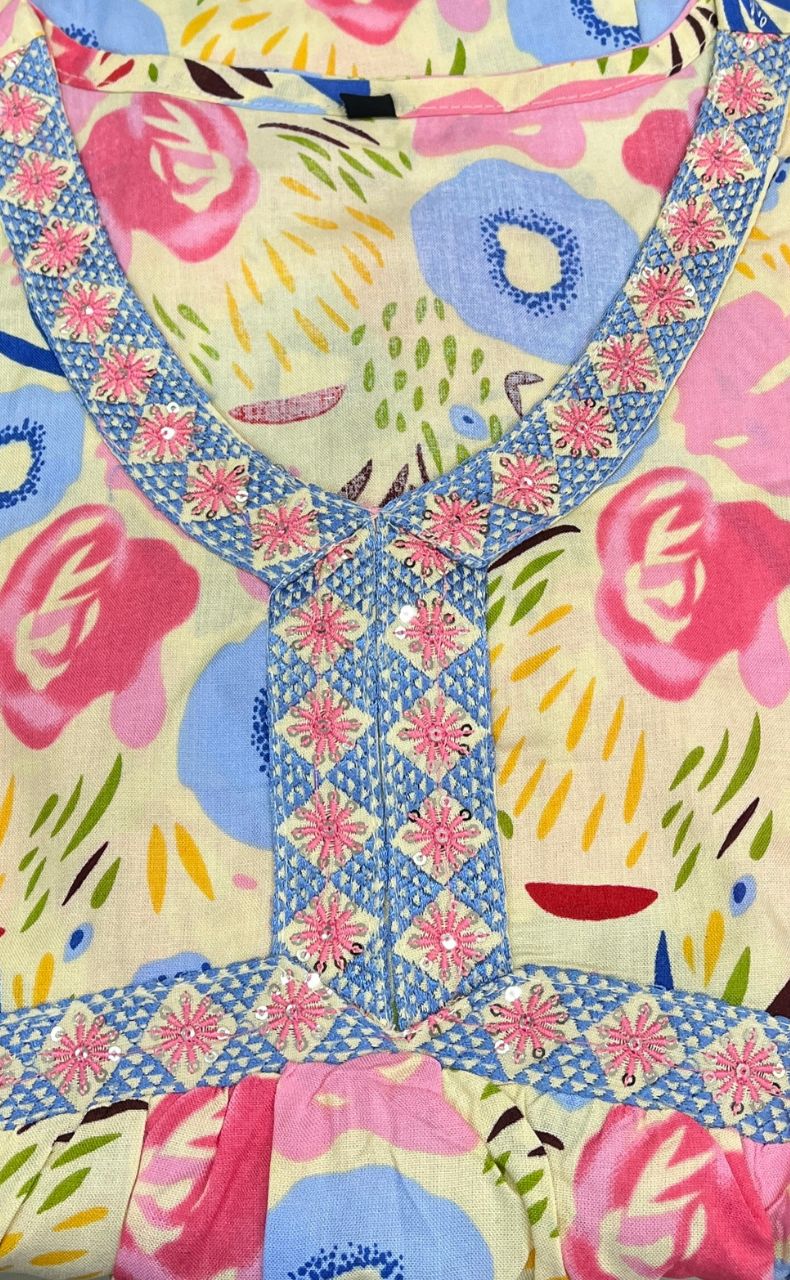 Off White/Cream Floral Kurti With Pant And Dupatta Set. Versatile Muslin. | Laces and Frills - Laces and Frills