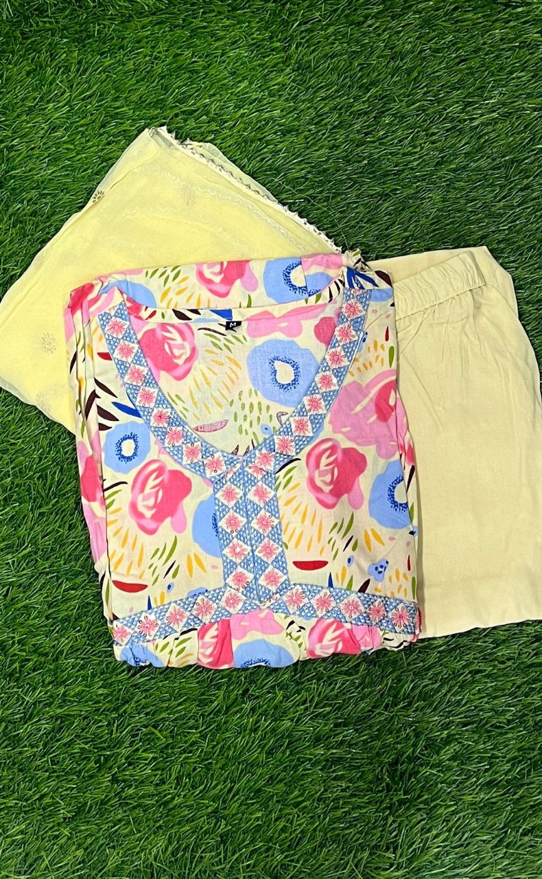 Off White/Cream Floral Kurti With Pant And Dupatta Set. Versatile Muslin. | Laces and Frills - Laces and Frills
