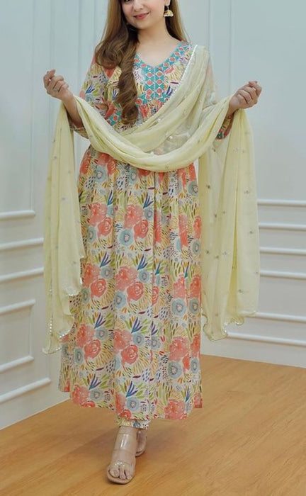 Off White/Cream Floral Kurti With Pant And Dupatta Set. Versatile Muslin. | Laces and Frills - Laces and Frills