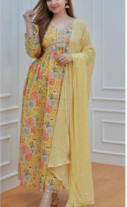 Off White/Cream Floral Kurti With Pant And Dupatta Set. Versatile Muslin. | Laces and Frills - Laces and Frills