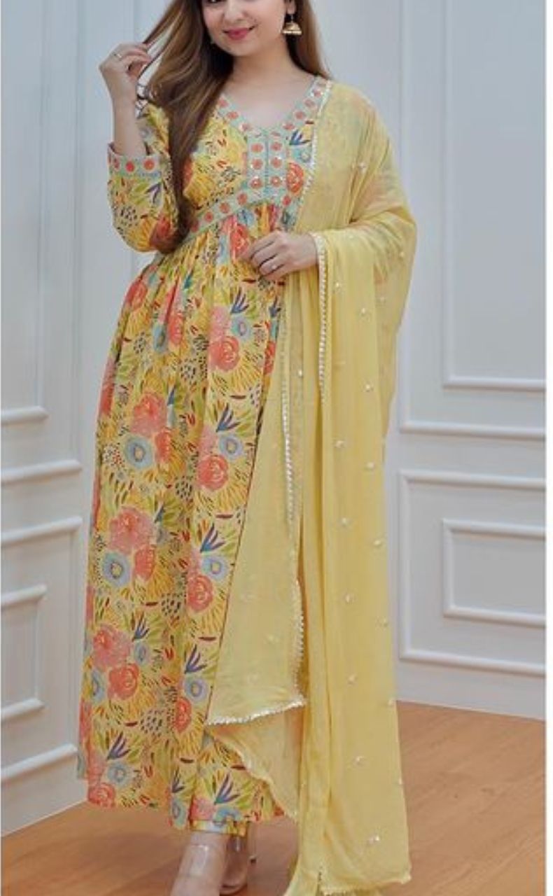 Off White/Cream Floral Kurti With Pant And Dupatta Set. Versatile Muslin. | Laces and Frills - Laces and Frills