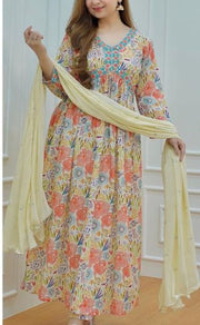 Off White/Cream Floral Kurti With Pant And Dupatta Set. Versatile Muslin. | Laces and Frills - Laces and Frills