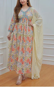 Off White/Cream Floral Kurti With Pant And Dupatta Set. Versatile Muslin. | Laces and Frills - Laces and Frills