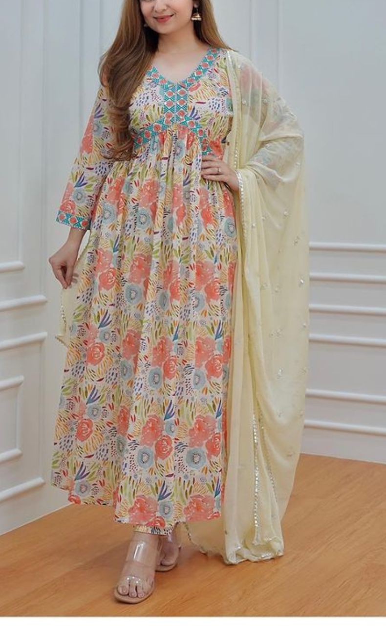 Off White/Cream Floral Kurti With Pant And Dupatta Set. Versatile Muslin. | Laces and Frills - Laces and Frills