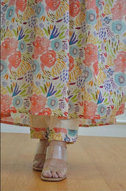 Off White/Cream Floral Kurti With Pant And Dupatta Set. Versatile Muslin. | Laces and Frills - Laces and Frills