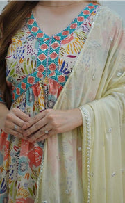 Off White/Cream Floral Kurti With Pant And Dupatta Set. Versatile Muslin. | Laces and Frills - Laces and Frills