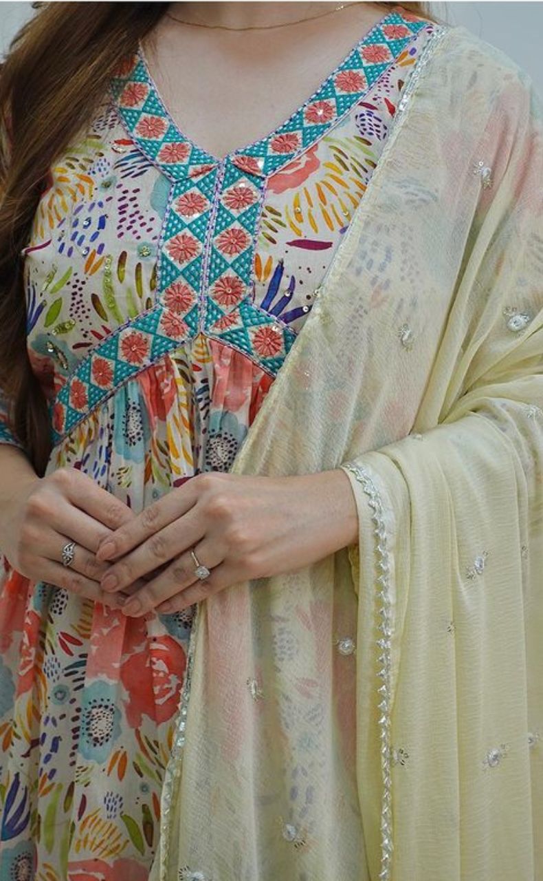 Off White/Cream Floral Kurti With Pant And Dupatta Set. Versatile Muslin. | Laces and Frills - Laces and Frills