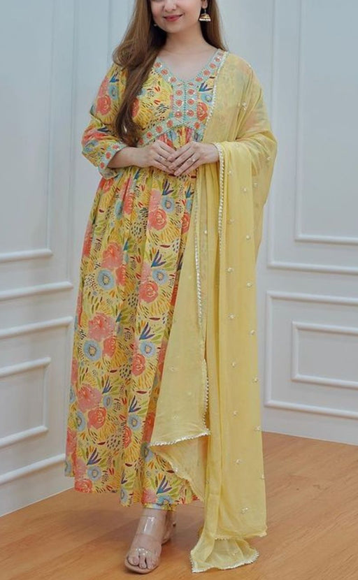 Yellow Floral Kurti With Pant And Dupatta Set. Versatile Muslin . | Laces and Frills - Laces and Frills
