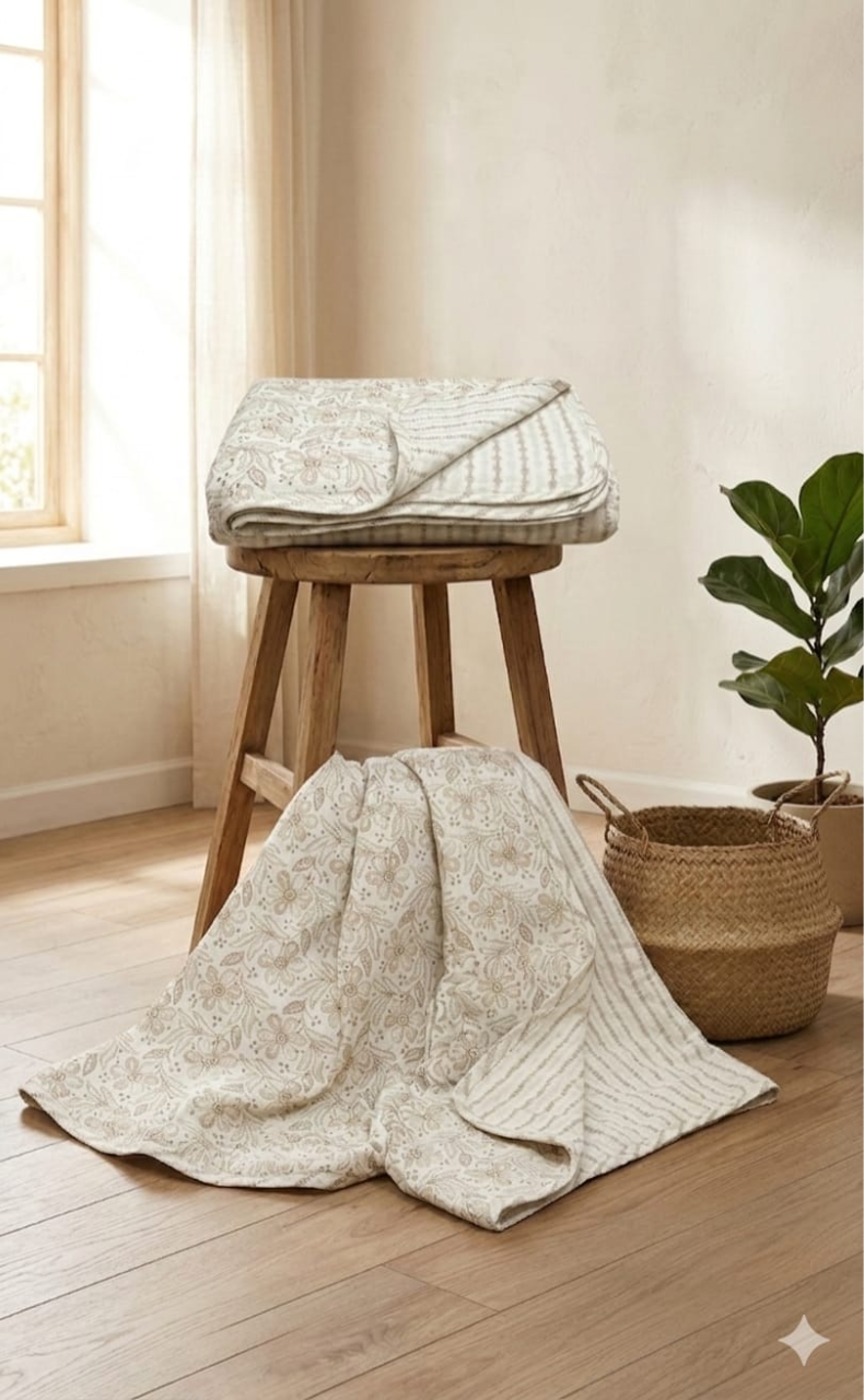 Blanket | Dohar. Cream Floral soft & Cozy. Two Pc Single bed | Laces and Frills - Laces and Frills