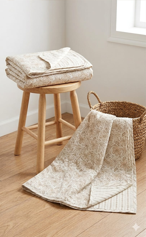 Blanket | Dohar. Cream Floral soft & Cozy. Two Pc Single bed | Laces and Frills - Laces and Frills