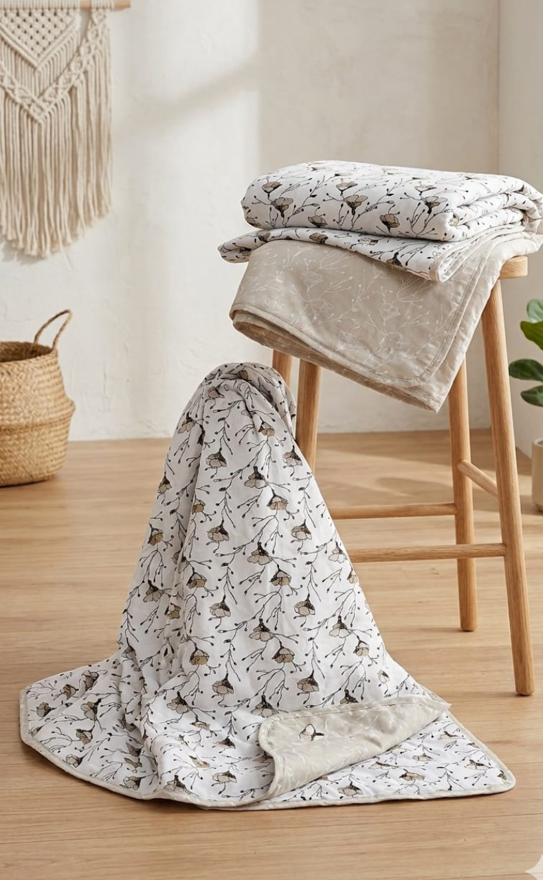 Blanket | Dohar. Beige Flora soft & Cozy. Two Pc Single bed | Laces and Frills - Laces and Frills