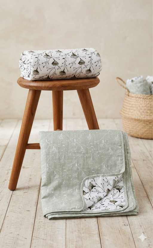 Blanket | Dohar. Pista Green Flora soft & Cozy. Two Pc Single bed | Laces and Frills - Laces and Frills