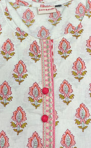 Off White/Peach Floral Jaipuri Cotton Short Kurti. Pure Versatile Cotton. | Laces and Frills - Laces and Frills