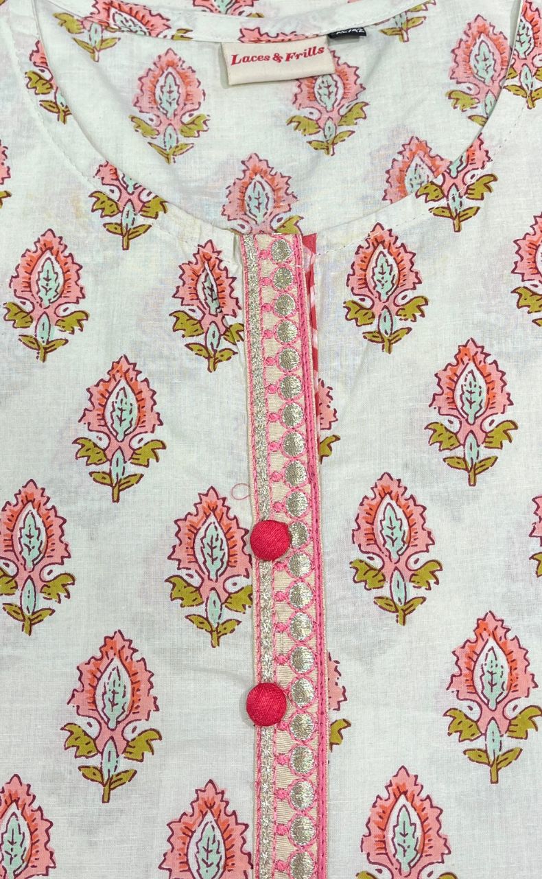 Off White/Peach Floral Jaipuri Cotton Short Kurti. Pure Versatile Cotton. | Laces and Frills - Laces and Frills