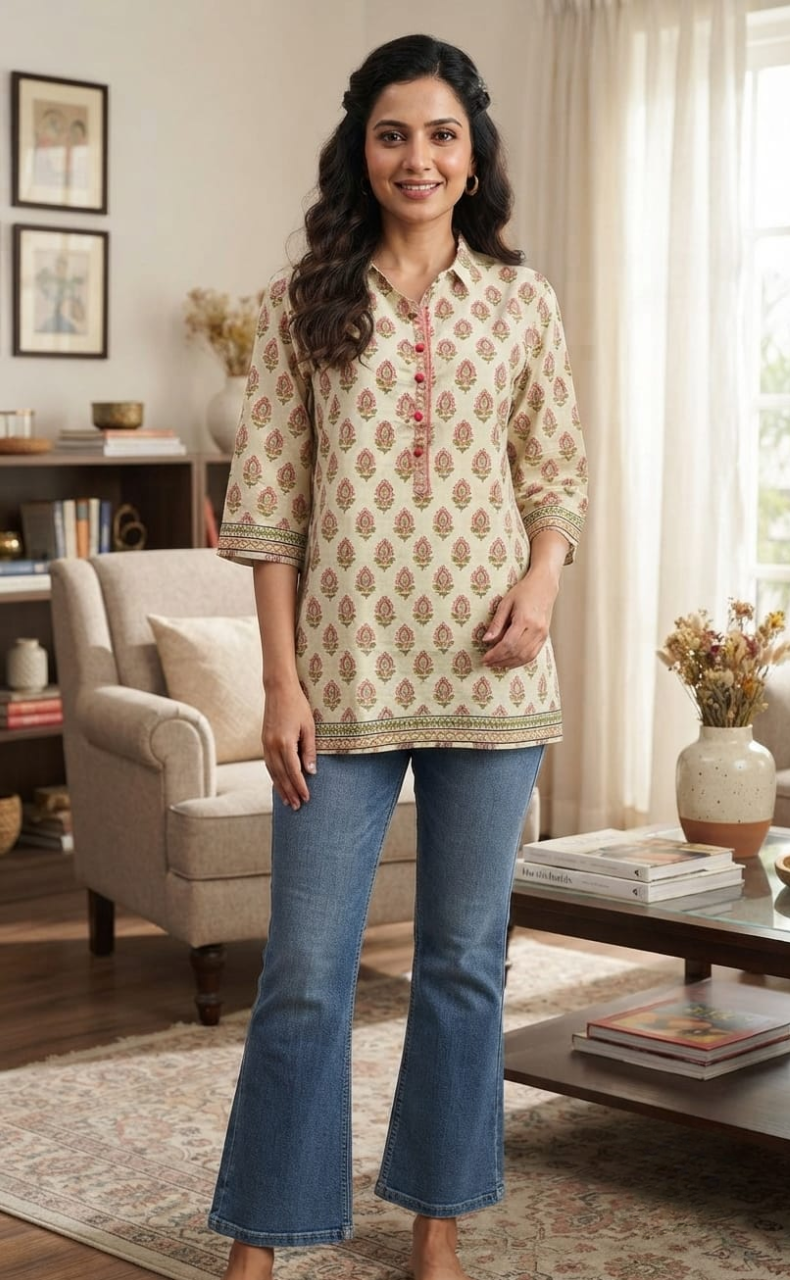 Off White/Peach Floral Jaipuri Cotton Short Kurti. Pure Versatile Cotton. | Laces and Frills