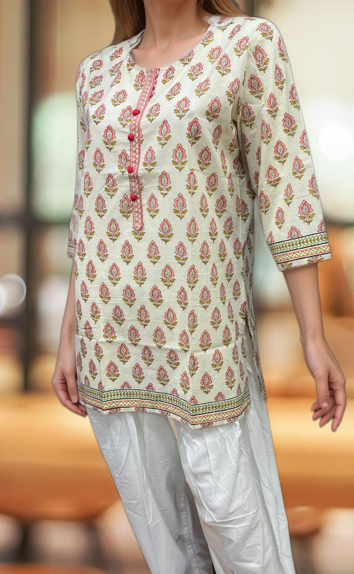 Off White/Peach Floral Jaipuri Cotton Short Kurti. Pure Versatile Cotton. | Laces and Frills - Laces and Frills
