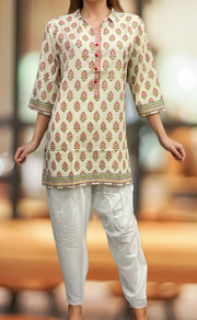 Off White/Peach Floral Jaipuri Cotton Short Kurti. Pure Versatile Cotton. | Laces and Frills - Laces and Frills