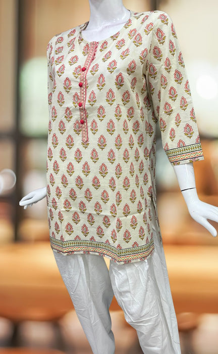 Off White/Peach Floral Jaipuri Cotton Short Kurti. Pure Versatile Cotton. | Laces and Frills - Laces and Frills