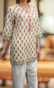 Off White/Peach Floral Jaipuri Cotton Short Kurti. Pure Versatile Cotton. | Laces and Frills - Laces and Frills