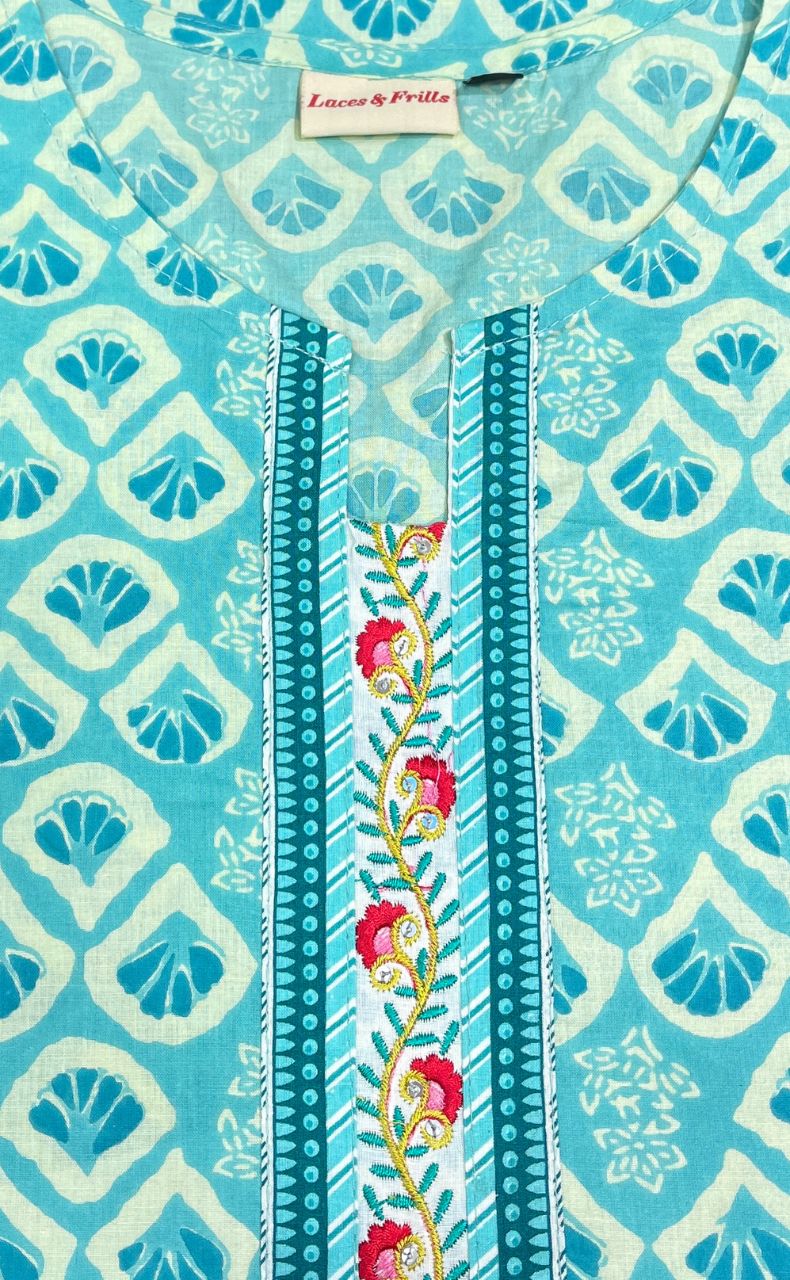 Sea Green Abstract Jaipuri Cotton Short Kurti. Pure Versatile Cotton. | Laces and Frills - Laces and Frills