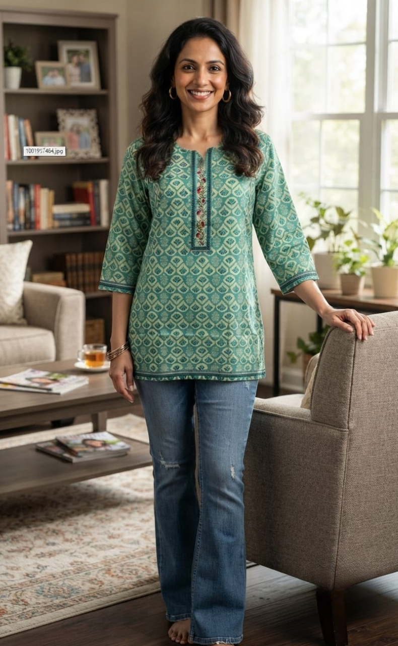 Sea Green Abstract Jaipuri Cotton Short Kurti. Pure Versatile Cotton. | Laces and Frills