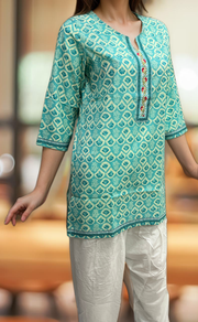 Sea Green Abstract Jaipuri Cotton Short Kurti. Pure Versatile Cotton. | Laces and Frills - Laces and Frills
