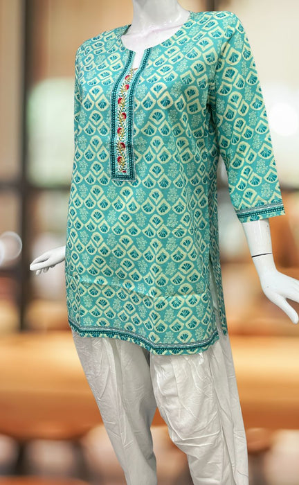 Sea Green Abstract Jaipuri Cotton Short Kurti. Pure Versatile Cotton. | Laces and Frills - Laces and Frills