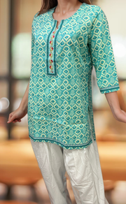 Sea Green Abstract Jaipuri Cotton Short Kurti. Pure Versatile Cotton. | Laces and Frills - Laces and Frills