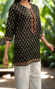 Black Floral Jaipuri Cotton Short Kurti. Pure Versatile Cotton. | Laces and Frills - Laces and Frills