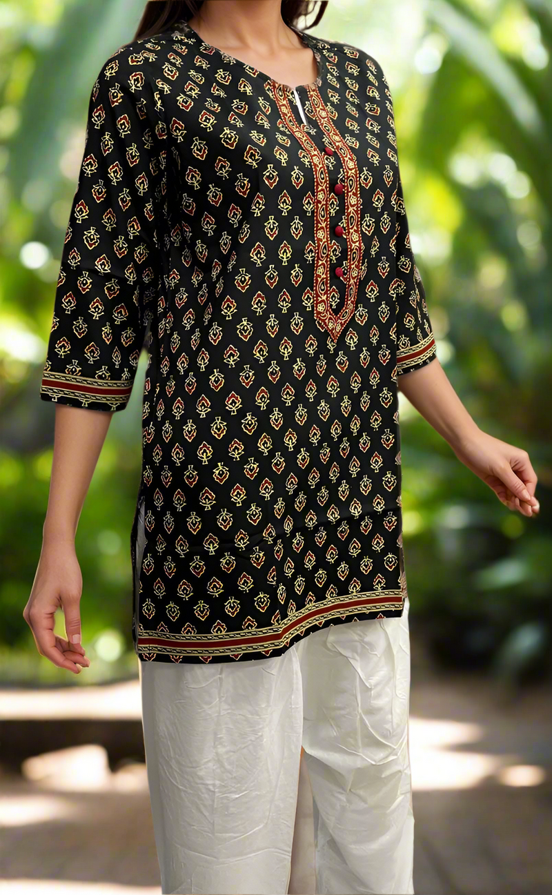 Black Floral Jaipuri Cotton Short Kurti. Pure Versatile Cotton. | Laces and Frills - Laces and Frills