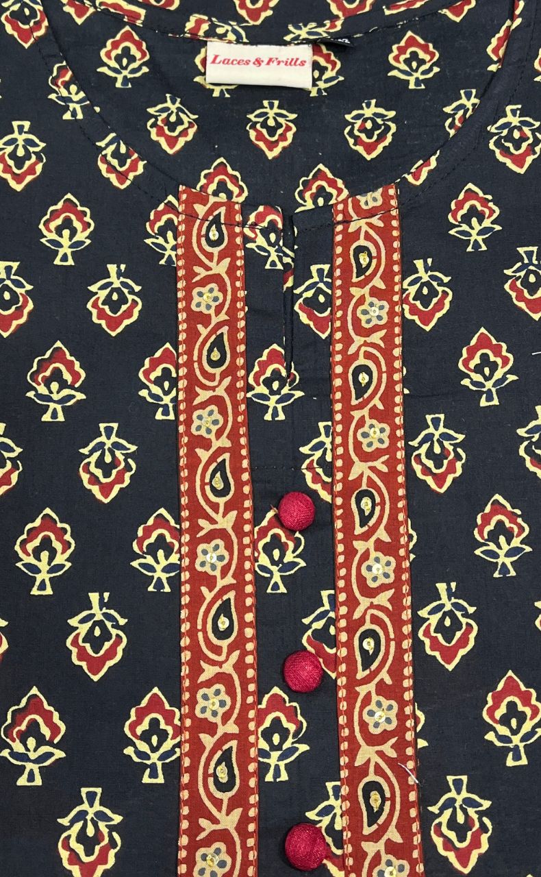 Black Floral Jaipuri Cotton Short Kurti. Pure Versatile Cotton. | Laces and Frills - Laces and Frills