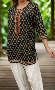 Black Floral Jaipuri Cotton Short Kurti. Pure Versatile Cotton. | Laces and Frills - Laces and Frills