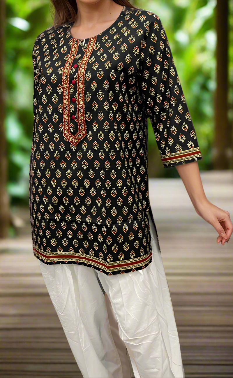 Black Floral Jaipuri Cotton Short Kurti. Pure Versatile Cotton. | Laces and Frills - Laces and Frills