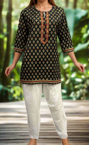 Black Floral Jaipuri Cotton Short Kurti. Pure Versatile Cotton. | Laces and Frills - Laces and Frills