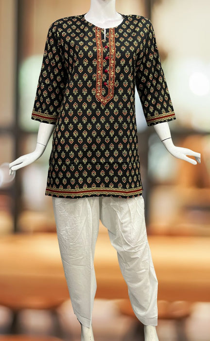 Black Floral Jaipuri Cotton Short Kurti. Pure Versatile Cotton. | Laces and Frills - Laces and Frills