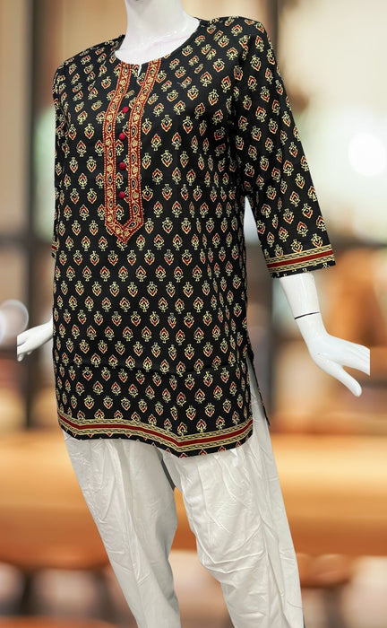 Black Floral Jaipuri Cotton Short Kurti. Pure Versatile Cotton. | Laces and Frills - Laces and Frills