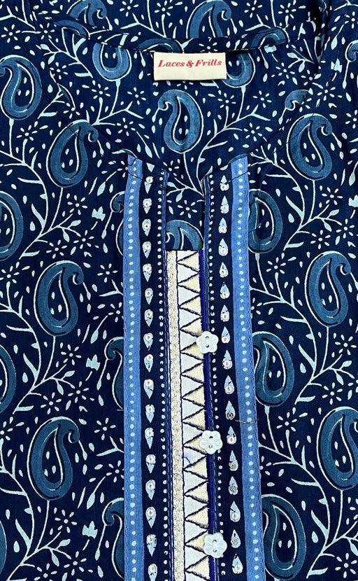 Navy Blue Manga Motif Jaipuri Cotton Short Kurti. Pure Versatile Cotton. | Laces and Frills - Laces and Frills