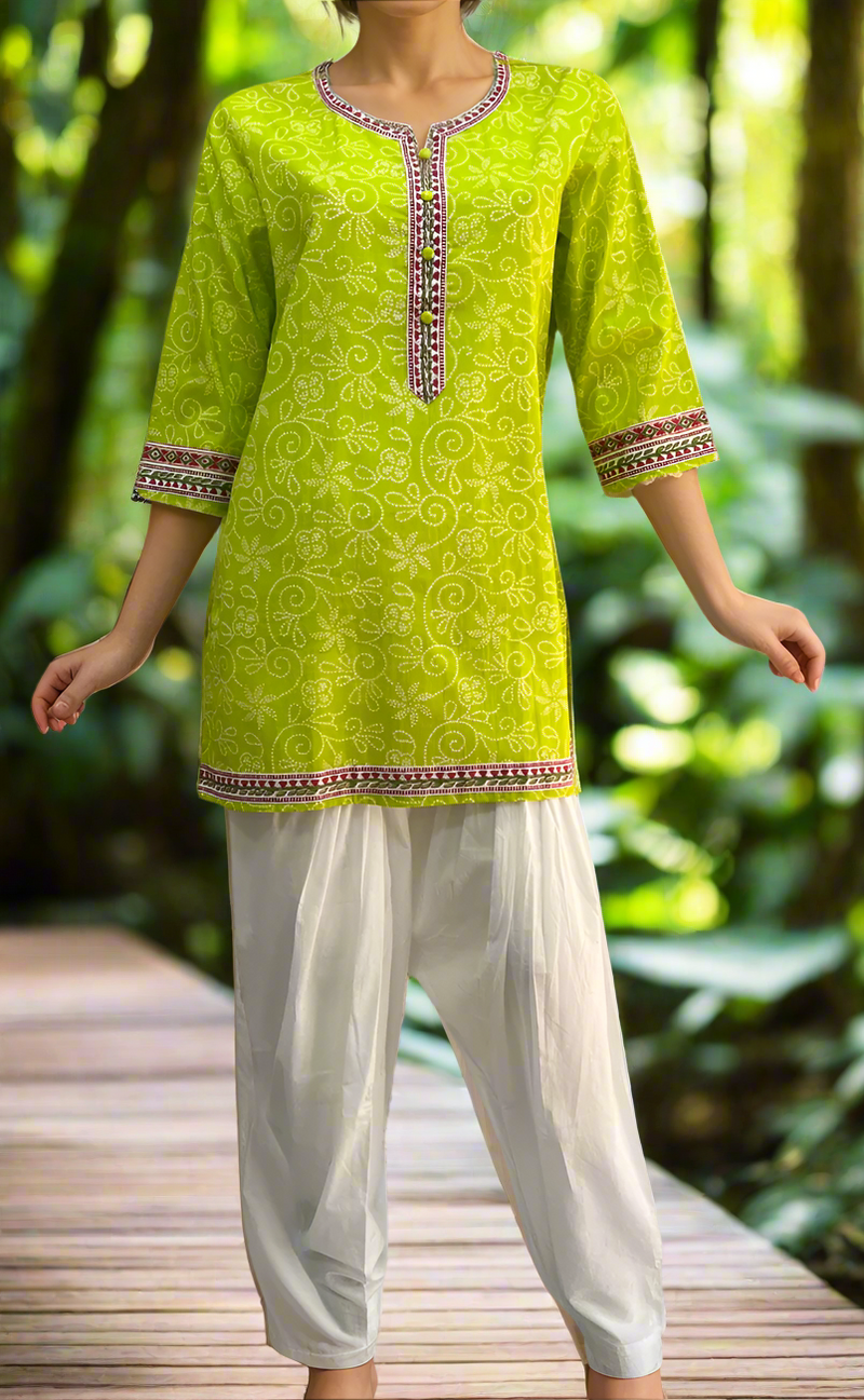 Green Bandini Jaipuri Cotton Short Kurti. Pure Versatile Cotton. | Laces and Frills