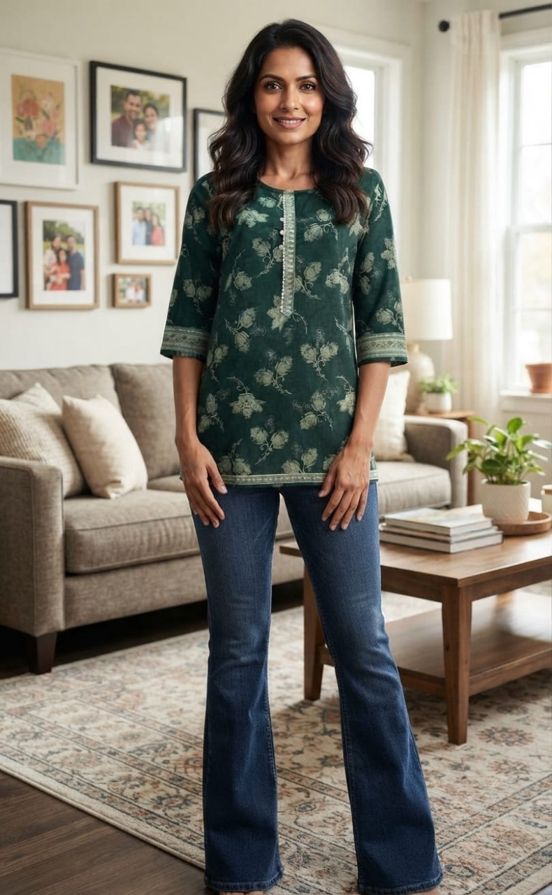 Sea Green Floral Jaipuri Cotton Short Kurti. Pure Versatile Cotton. | Laces and Frills