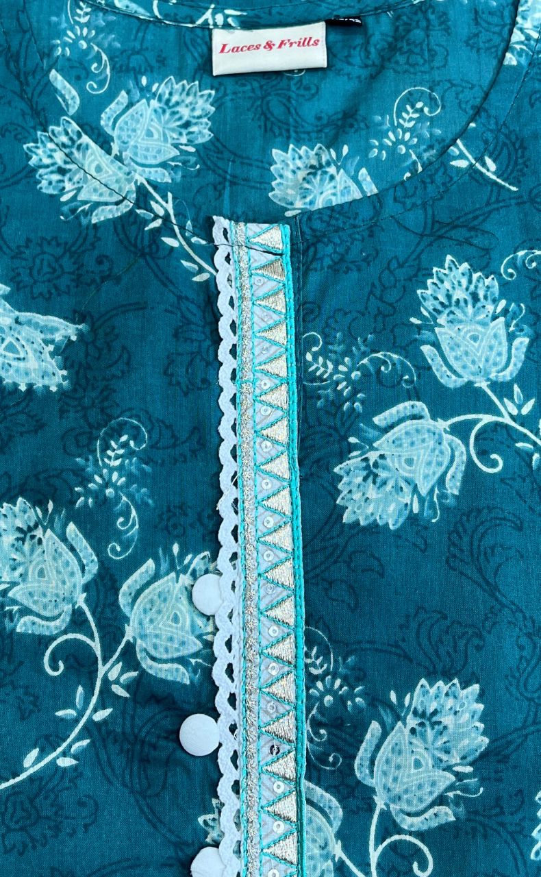 Sea Green Floral Jaipuri Cotton Short Kurti. Pure Versatile Cotton. | Laces and Frills - Laces and Frills