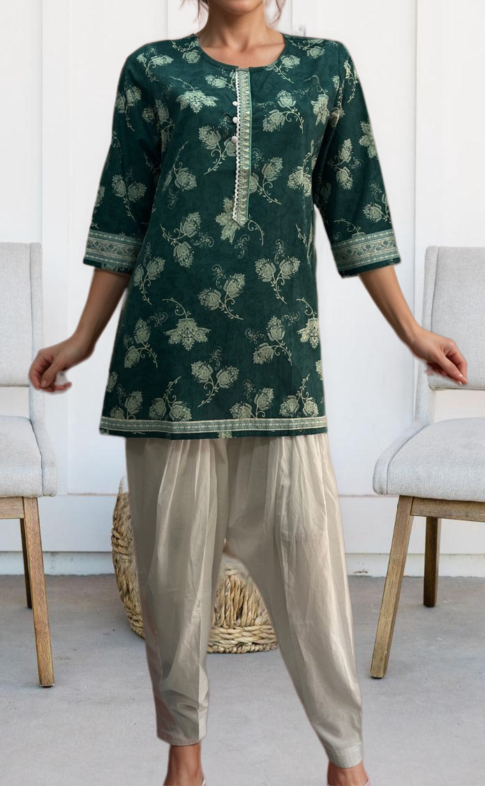 Sea Green Floral Jaipuri Cotton Short Kurti. Pure Versatile Cotton. | Laces and Frills - Laces and Frills