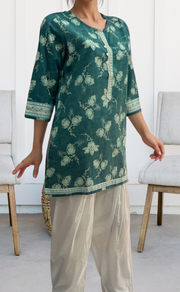Sea Green Floral Jaipuri Cotton Short Kurti. Pure Versatile Cotton. | Laces and Frills - Laces and Frills