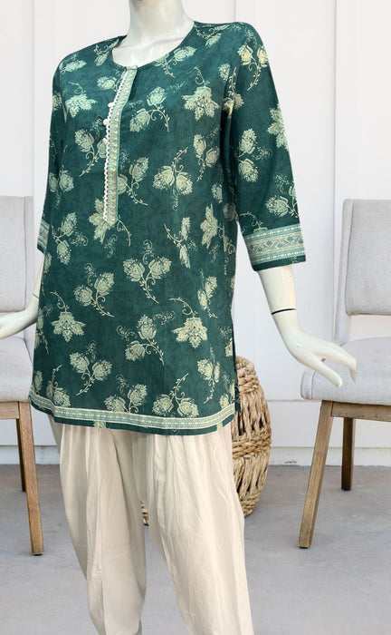 Sea Green Floral Jaipuri Cotton Short Kurti. Pure Versatile Cotton. | Laces and Frills - Laces and Frills