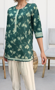 Sea Green Floral Jaipuri Cotton Short Kurti. Pure Versatile Cotton. | Laces and Frills - Laces and Frills