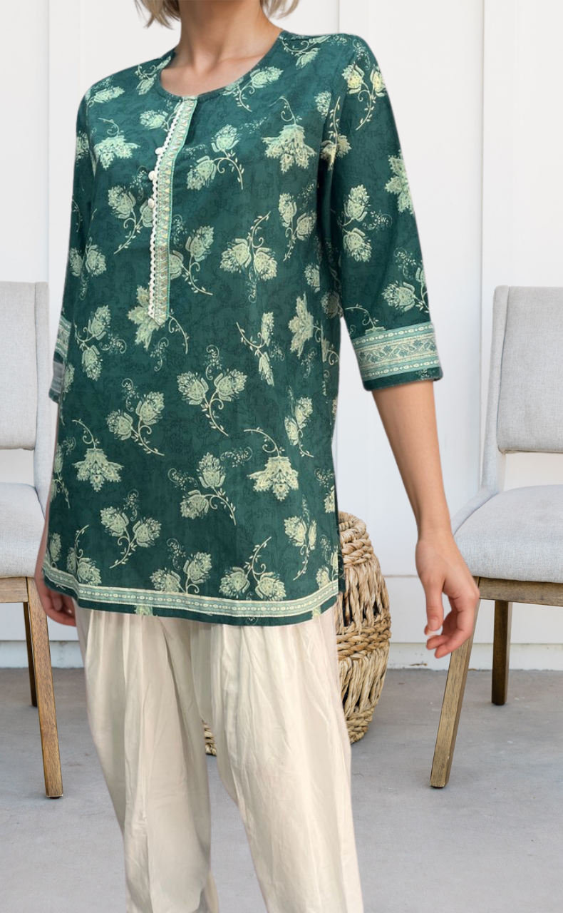 Sea Green Floral Jaipuri Cotton Short Kurti. Pure Versatile Cotton. | Laces and Frills - Laces and Frills