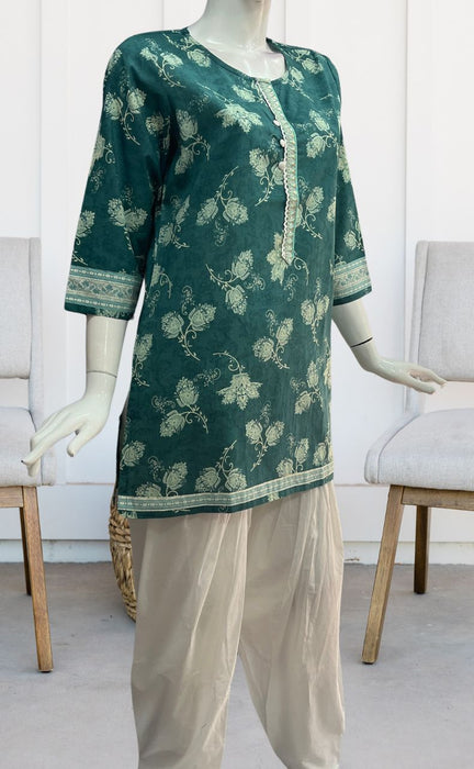 Sea Green Floral Jaipuri Cotton Short Kurti. Pure Versatile Cotton. | Laces and Frills - Laces and Frills