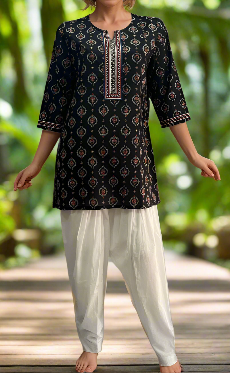 Black Garden Jaipuri Cotton Short Kurti. Pure Versatile Cotton. | Laces and Frills - Laces and Frills