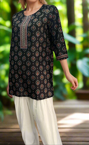 Black Garden Jaipuri Cotton Short Kurti. Pure Versatile Cotton. | Laces and Frills - Laces and Frills