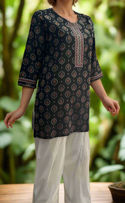 Black Garden Jaipuri Cotton Short Kurti. Pure Versatile Cotton. | Laces and Frills - Laces and Frills
